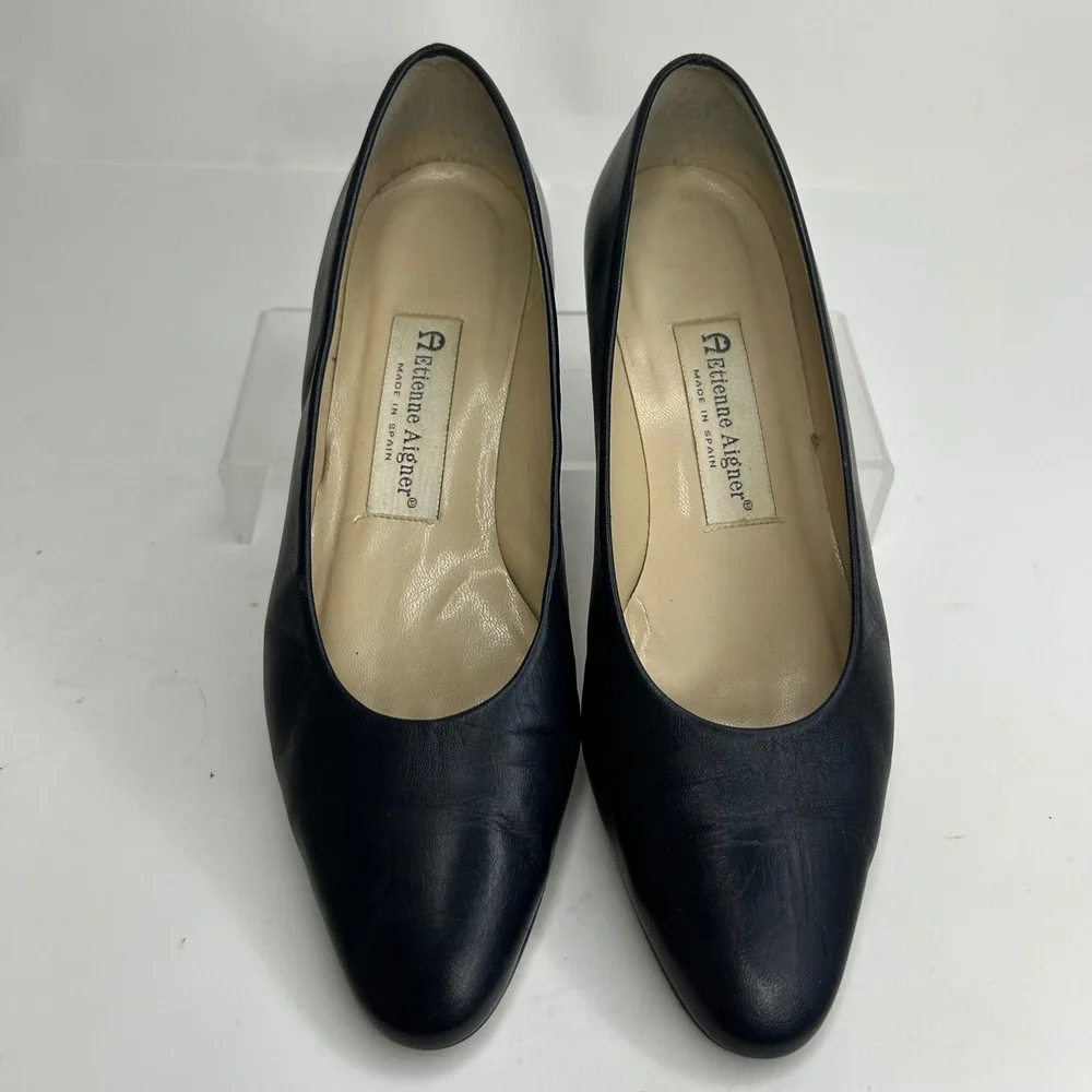 Etienne Aigner Madison Navy Blue Leather Block Heel Pumps Shoes Made Spain 6.5M